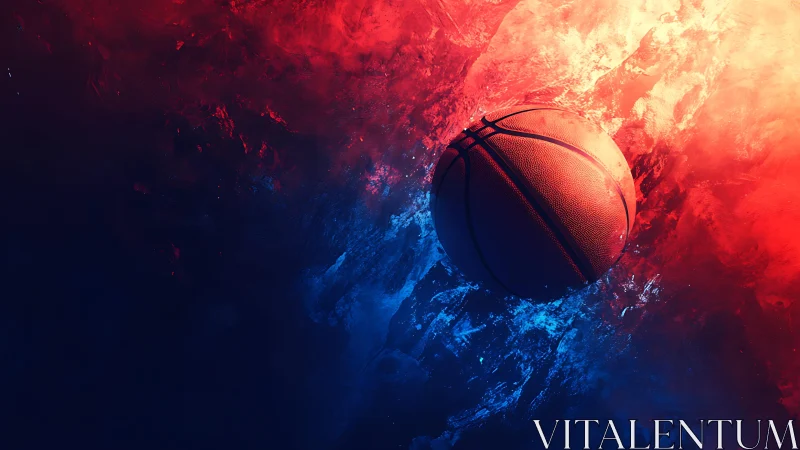 Basketball floating in red and blue abstract light field.