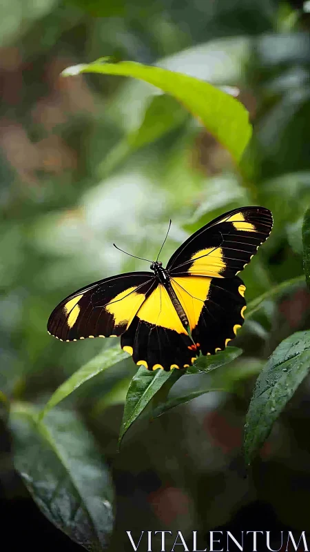 Black and yellow butterfly on foliage in shallow-focus macro.
