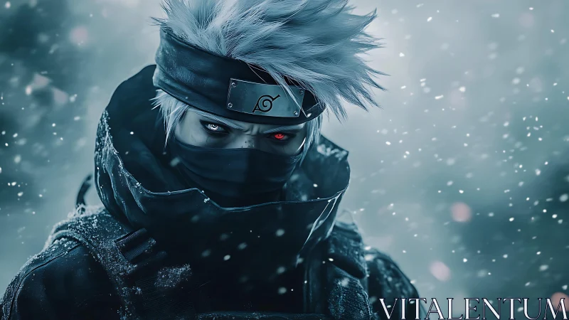 Calm masked ninja stands steady in a softly falling snowstorm.
