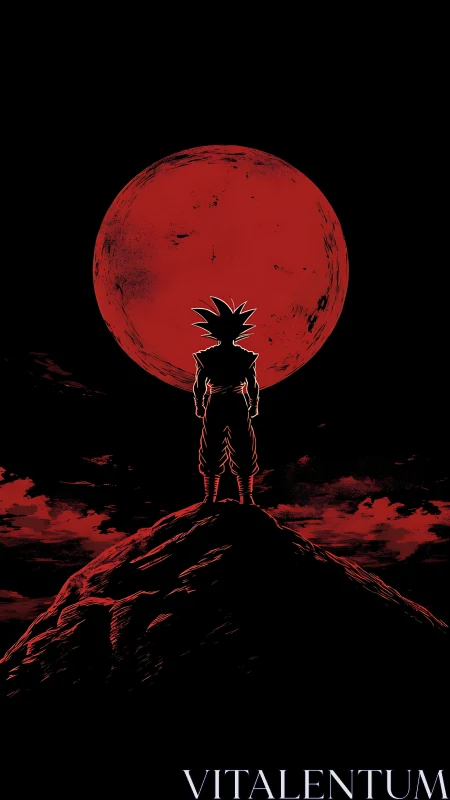 Silhouetted warrior standing beneath a large red moon.