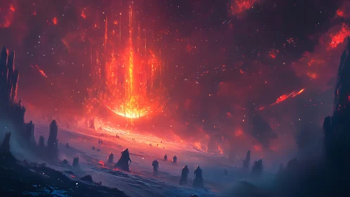 Infernal horizon with robed figures under collapsing sun.