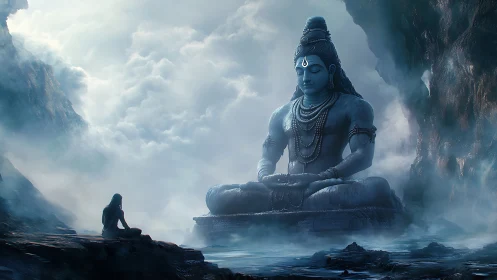 Mountain cavern scene with colossal meditating statue figure.