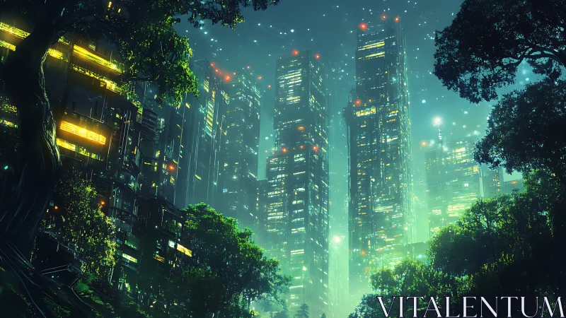 Emerald city lights rising gently above a dreaming forest.