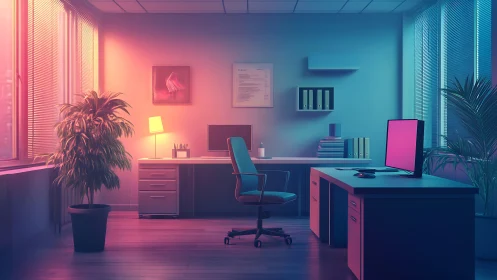 Modern office interior glows under vivid sunset lighting