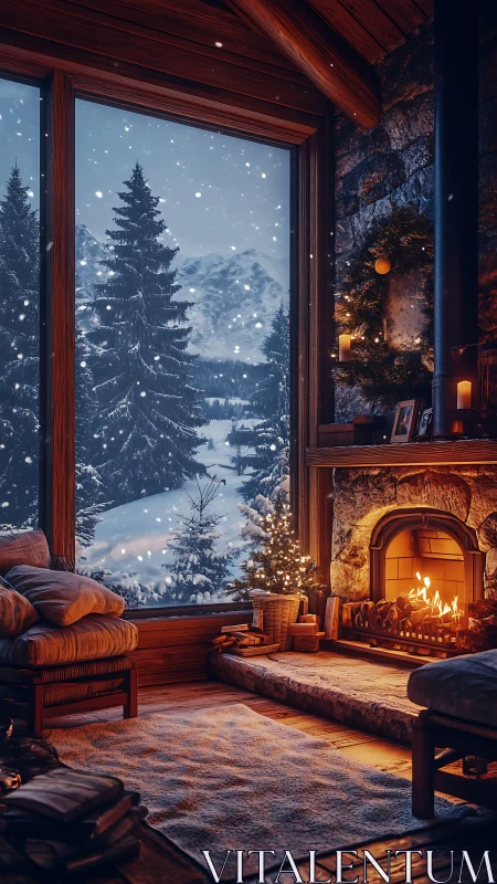 Firelit winter cabin window cradling a storybook snowfall.