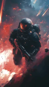 Armored space marine descends through fiery orbital battlefield