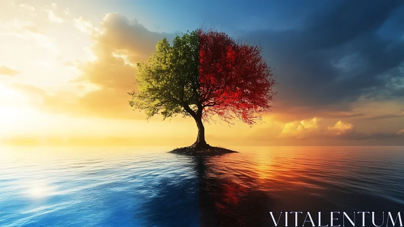 Bipolar chromatic tree divides warm and cool sunset sky reflection