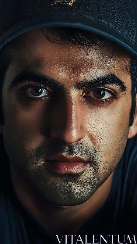 Close cropped portrait of man in cap with neutral gaze.