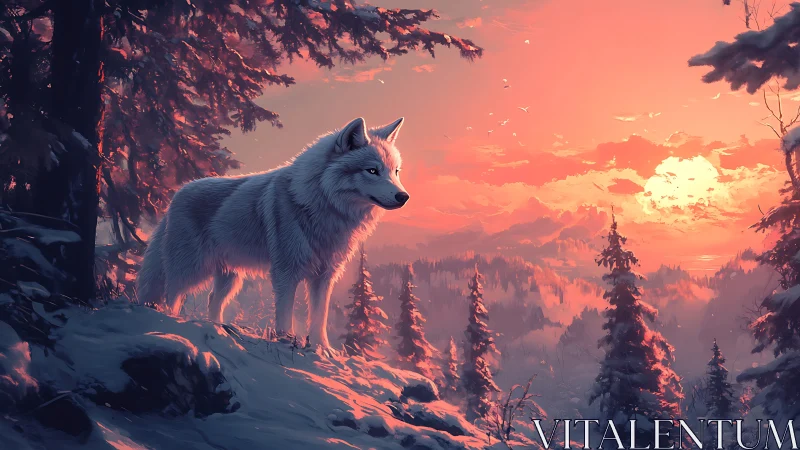 White wolf on snowy ridge under vivid orange sunset sky.