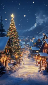 Snow covered village street with illuminated Christmas tree.