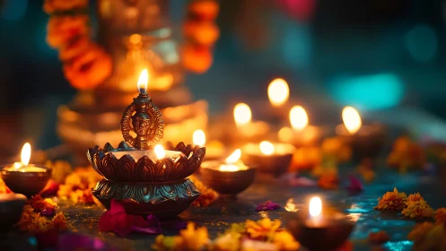 Diya flames whisper blessings across marigold constellations