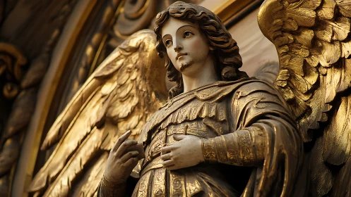 Carved angelic figure in ornate gilded sculptural relief
