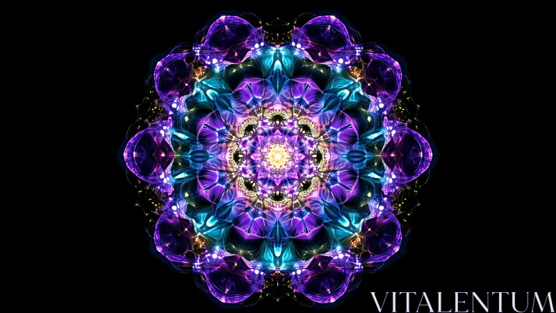 Luminous fractal mandala blooms in neon cosmic symmetry.