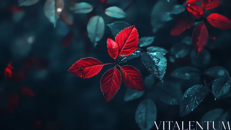 Red leaves glowing softly against a dreamy teal forest.