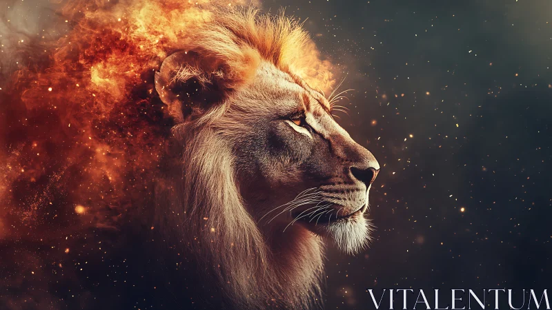 Lion profile merged with fiery abstract particle field