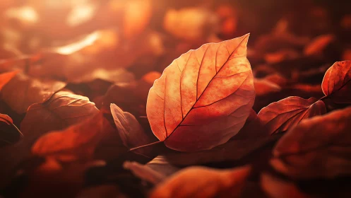 Single orange leaf lies sharply focused among blurred foliage