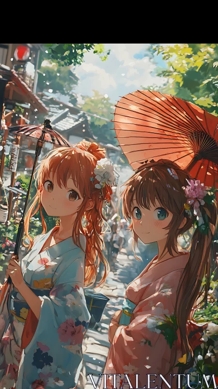 Two girls in summer yukata walk sunlit traditional street