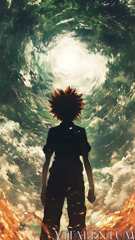 Silhouetted anime hero beneath swirling celestial vortex.