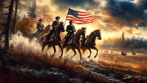 Mounted soldiers carrying US flags in autumn landscape.
