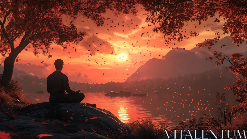 Digital painting of meditative figure at autumn lakeside sunset.