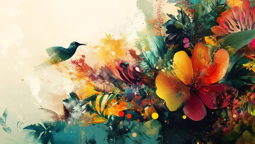 Digital hummingbird over abstract tropical bloom explosion.