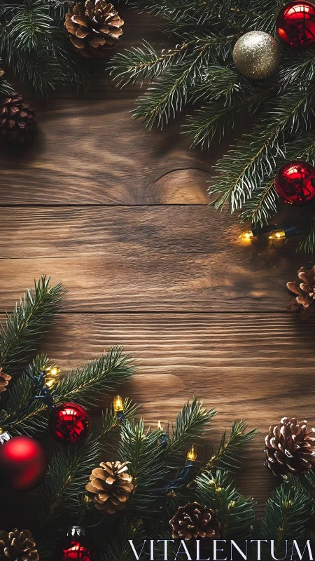 Rustic wooden table whispers under festive evergreen glow