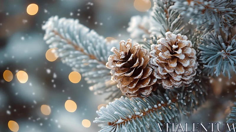 Snow-dusted pine cones rest on frosted evergreen branches
