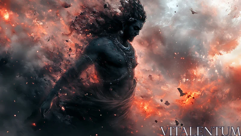 Fireborn deity emerges through swirling ash and flame.