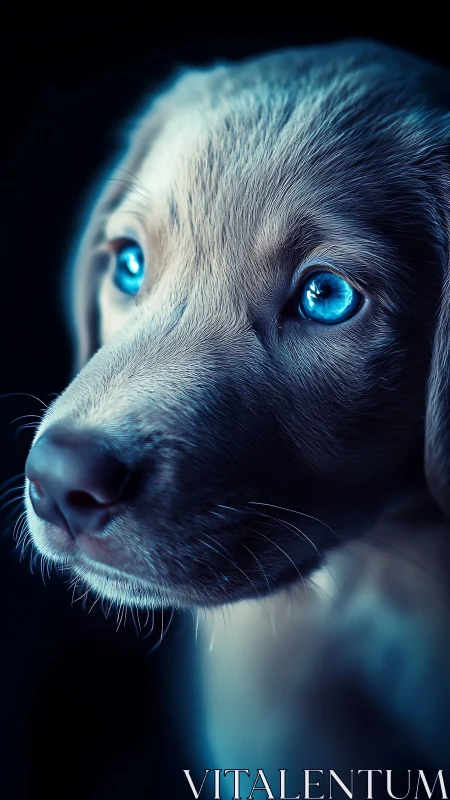 Canine close up with luminous blue eyes in soft cyan light.
