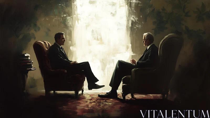 Executive dialogue in chiaroscuro-lit formal interior scene.