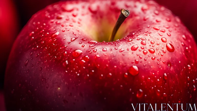Macro red apple close-up with water droplets on skin.