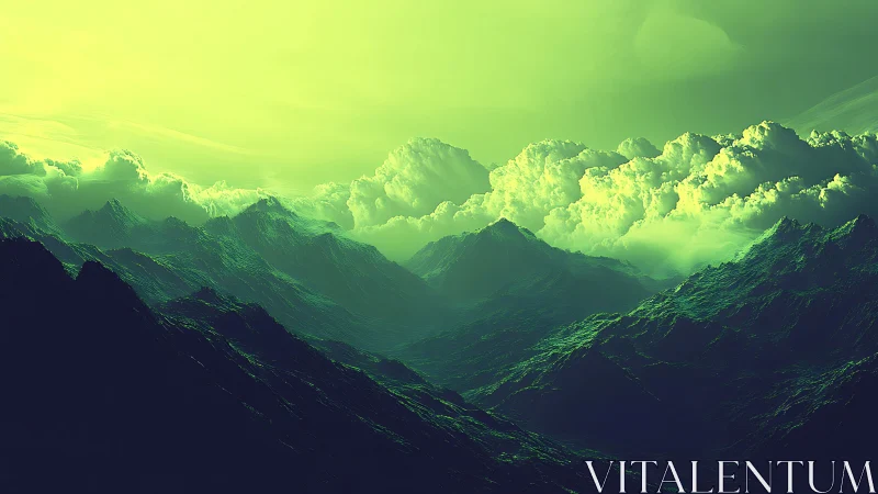 Emerald mountain range rises beneath luminous alien clouds.