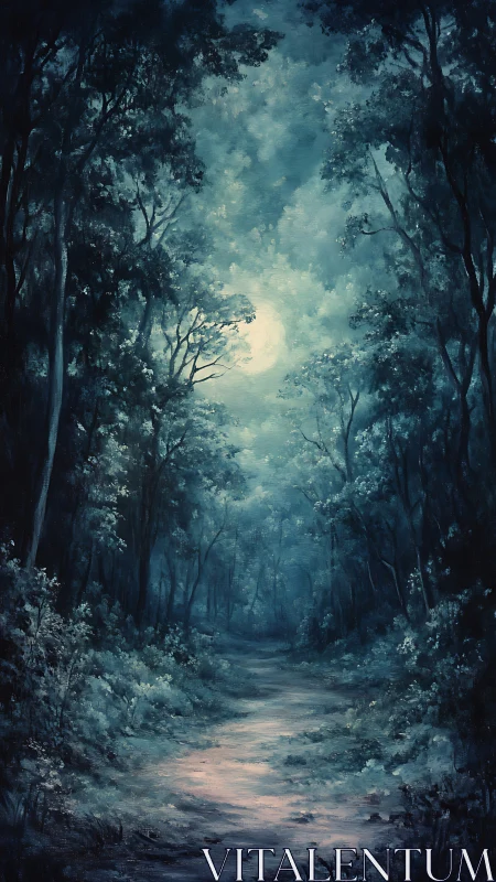 Moonlit forest corridor hums softly with painted twilight mist