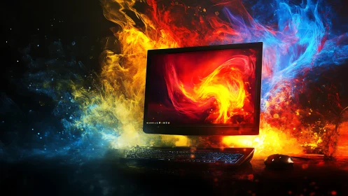 Fiery digital desktop glowing between cool blue flames.
