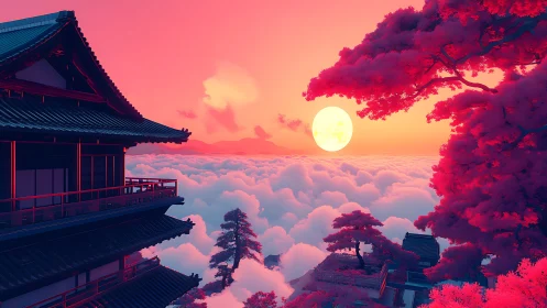 Japanese mountain temple above clouds at vivid sunset.