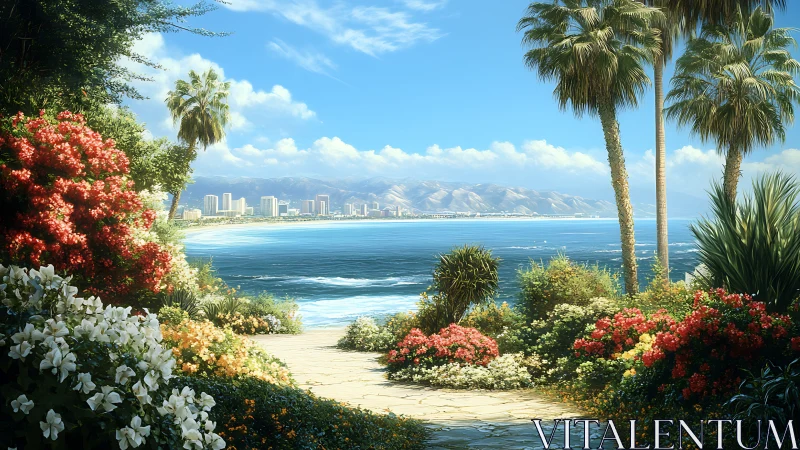 Lush coastal garden frames a sunlit skyline by calm sea