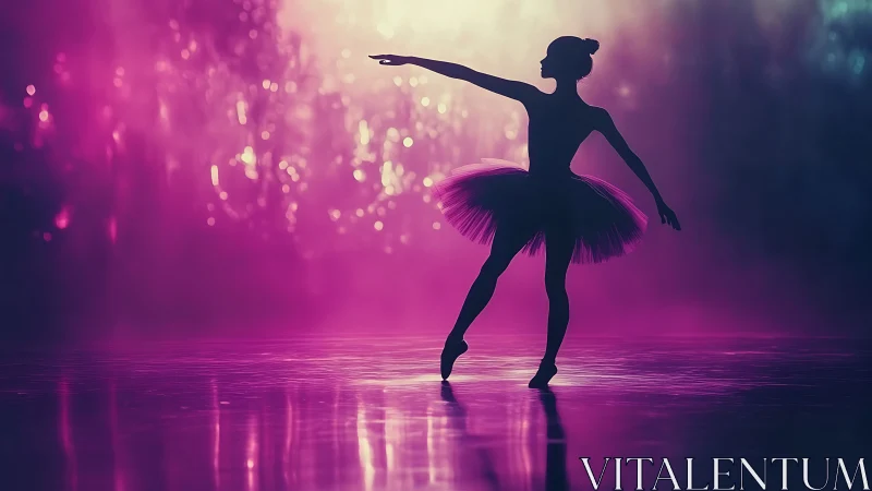 Silhouette ballet dancer on stage with vivid colored lighting.