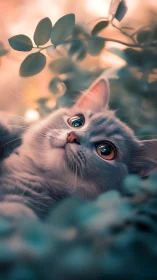 White cat with wide eyes gazing upward at foliage against warm peachy light