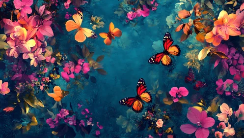 Butterflies drift through vivid floral fantasy garden.