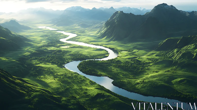 Serpentine river curling through emerald highland valley. Period.