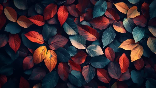 High-contrast autumn foliage pattern with cinematic color grading