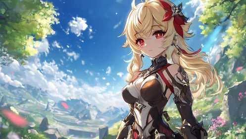 Blonde anime warrior in ornate armor under vivid blue sky.