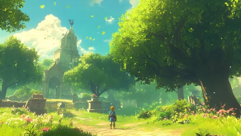 Sunlit ruined chapel in stylized forest with lone adventurer