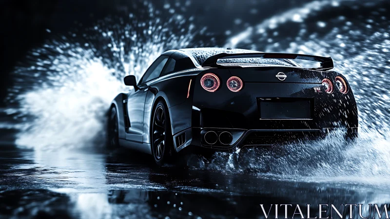 High-performance sports coupe accelerates through dynamic rain