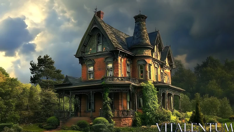 Old Victorian mansion under stormy dramatic evening sky.