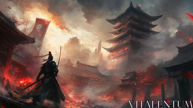 Armored swordsman in burning pagoda district at dusk.