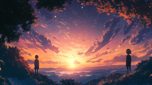 Anime sunset horizon with silhouetted figures and celestial skyscape.