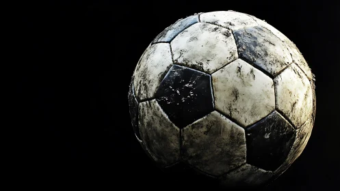 Weathered soccer ball floats in stark dramatic darkness.