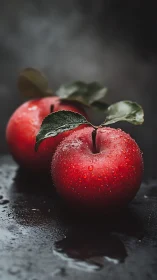 Rain-kissed crimson apples posing on a moody dark stage.