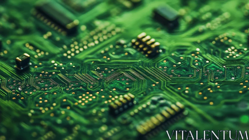 Intricate green circuit board glowing with tiny pathways.